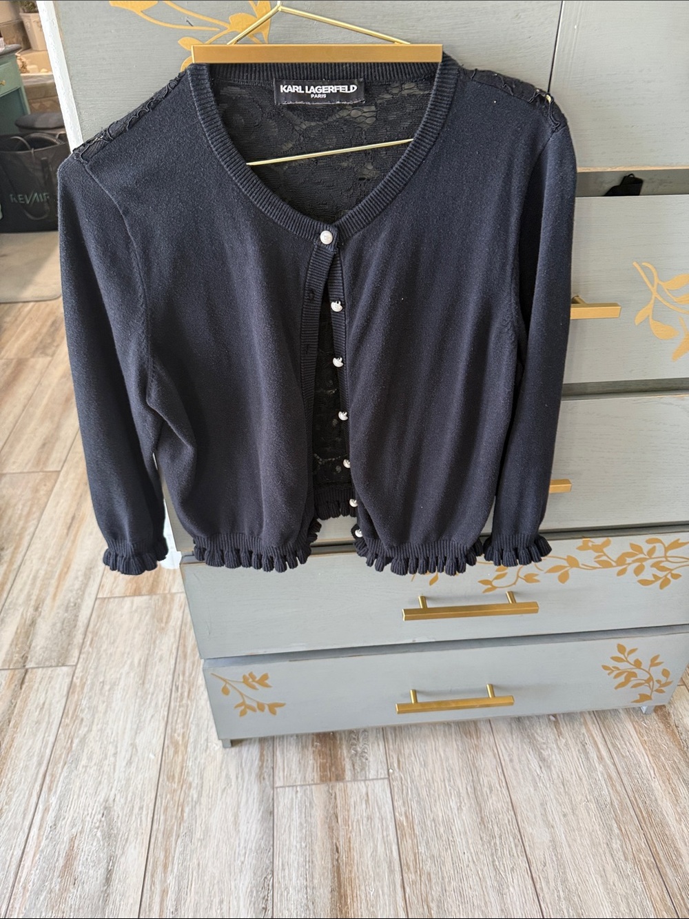 Karl Lagerfeld Black Ruffled Hem Knit Cardigan with Pearl Buttons